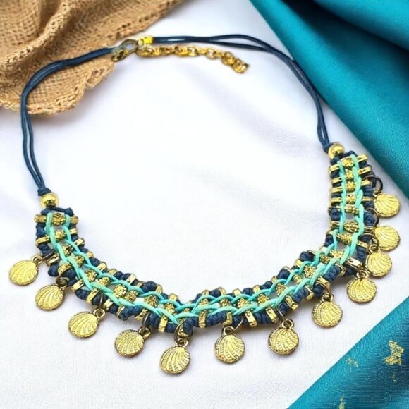 🆕️Boho Chic Indian Handmade Shell Charm Necklace | Turquoise & Gold Accents - Picture 1 of 13